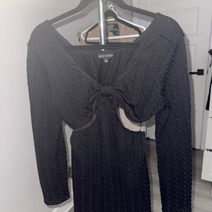 Miou Muse Black Cable-Knit Long-Sleeve Cutout Dress